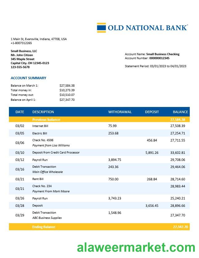Old National Bank organization account statement Word and PDF template